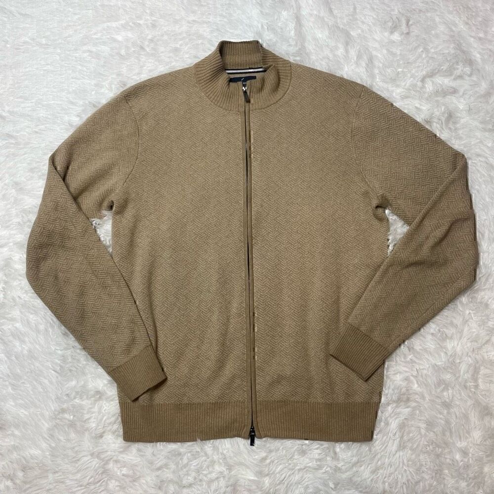 Daniel Hechter Knit Sweater Mens Sz M Cotton Full Zip Brown Tan